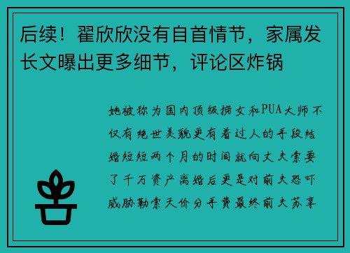 后续！翟欣欣没有自首情节，家属发长文曝出更多细节，评论区炸锅