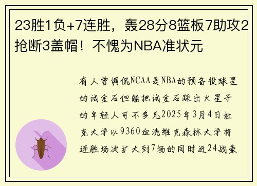 23胜1负+7连胜，轰28分8篮板7助攻2抢断3盖帽！不愧为NBA准状元
