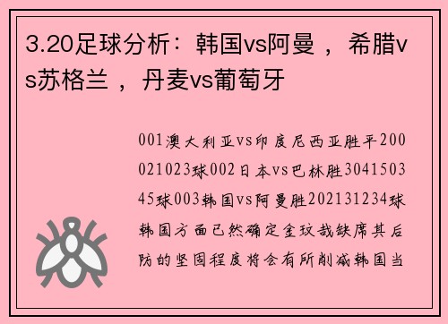 3.20足球分析：韩国vs阿曼 ，希腊vs苏格兰 ，丹麦vs葡萄牙