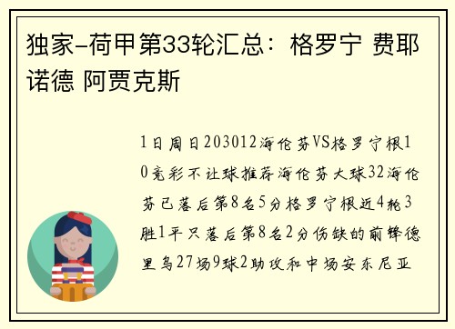独家-荷甲第33轮汇总：格罗宁 费耶诺德 阿贾克斯