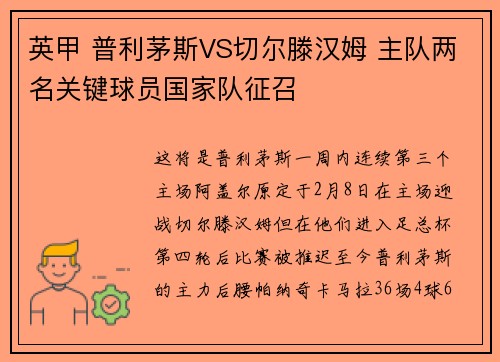 英甲 普利茅斯VS切尔滕汉姆 主队两名关键球员国家队征召
