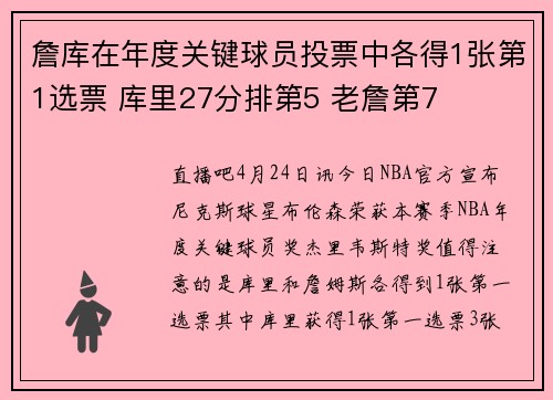 詹库在年度关键球员投票中各得1张第1选票 库里27分排第5 老詹第7
